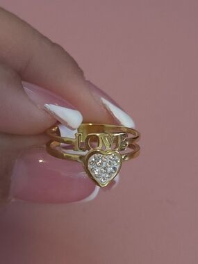 Gold LOVE Heart Ring with Crystal Accent Stainless Steel